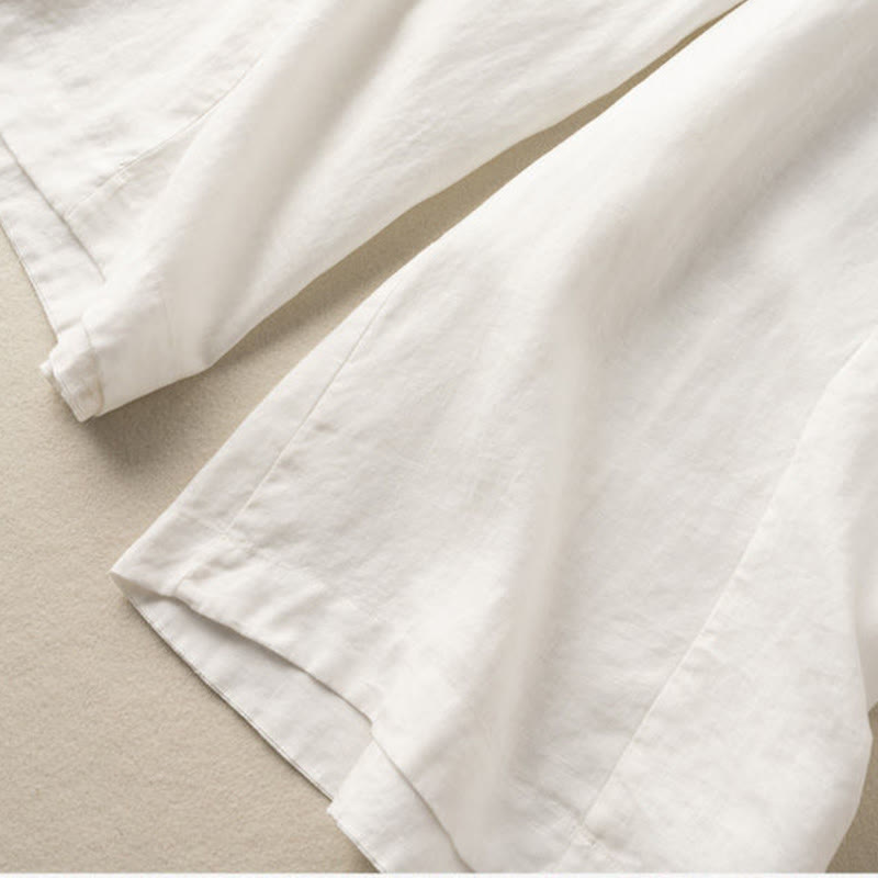 Plain Color 7-8 Length Capri Cropped Pants Cotton Linen Women's Wide Leg Pants With Pockets