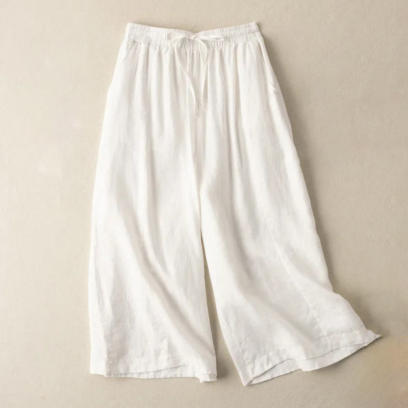 Plain Color 7-8 Length Capri Cropped Pants Cotton Linen Women's Wide Leg Pants With Pockets