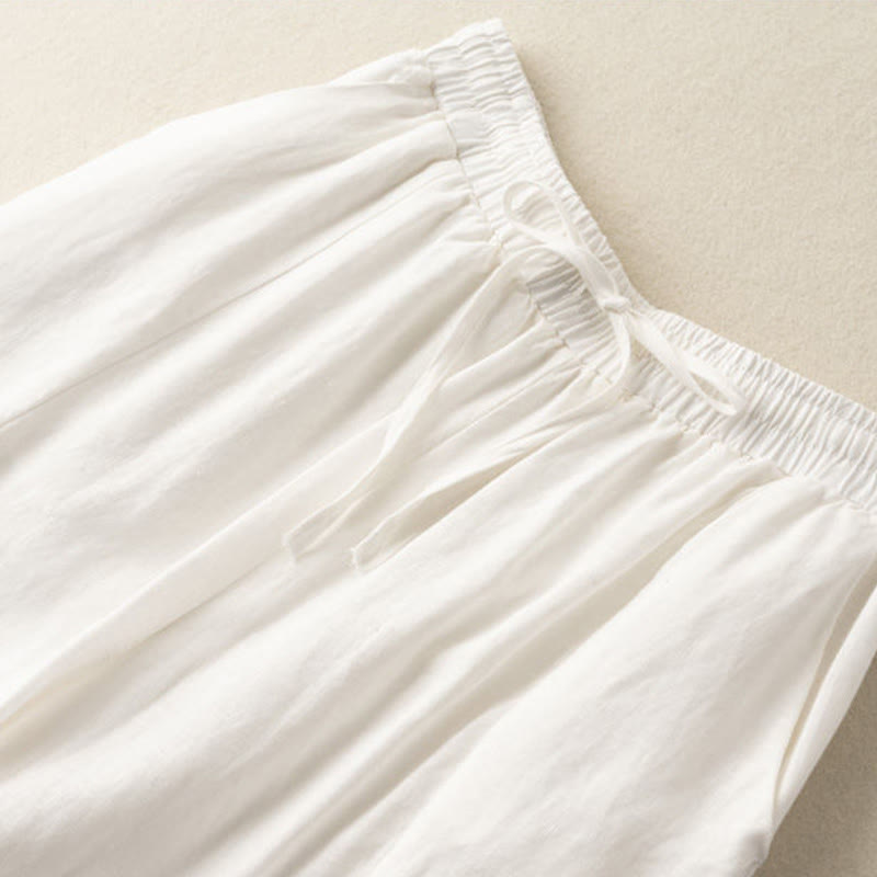 Plain Color 7-8 Length Capri Cropped Pants Cotton Linen Women's Wide Leg Pants With Pockets