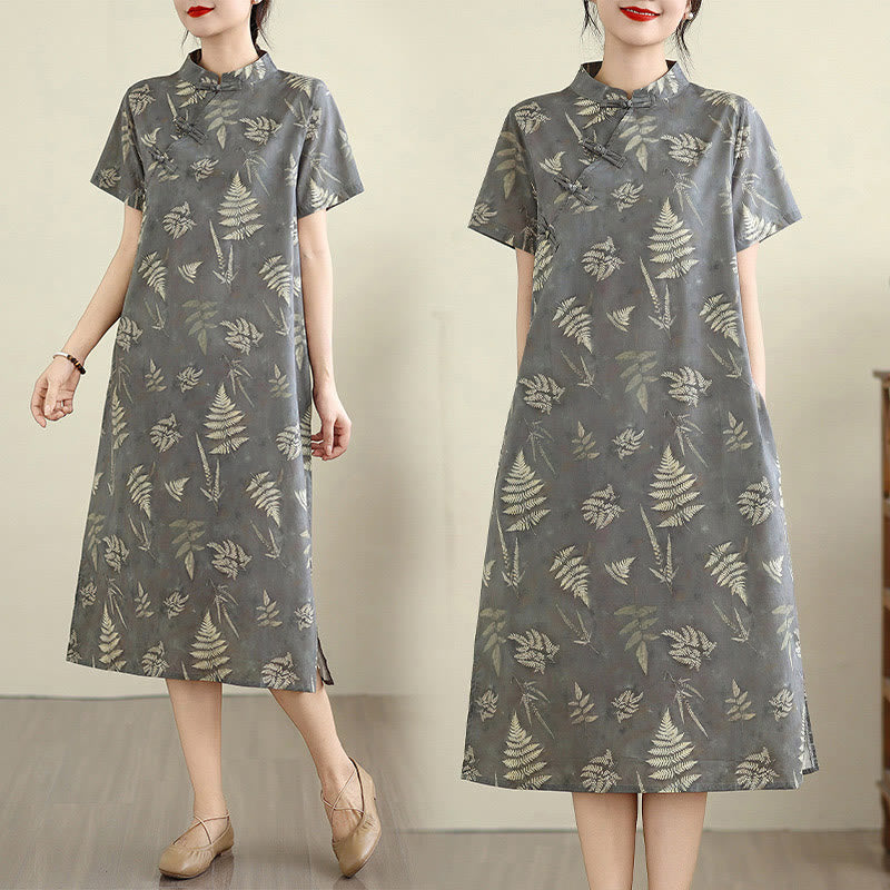 Breathable Cotton Floral Stand Collar Mindful Midi Cheongsam Dress