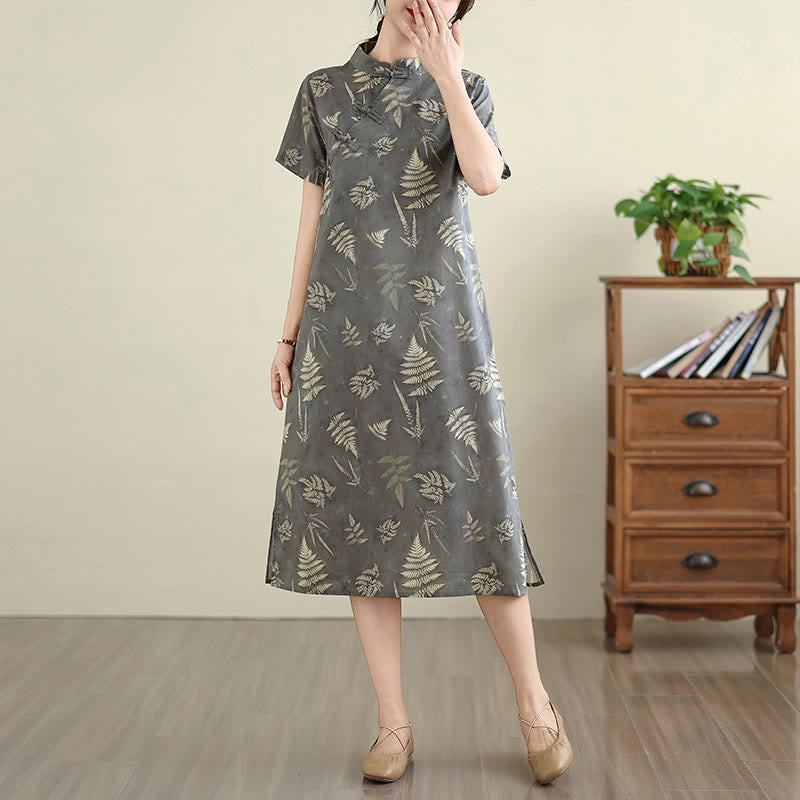 Breathable Cotton Floral Stand Collar Mindful Midi Cheongsam Dress