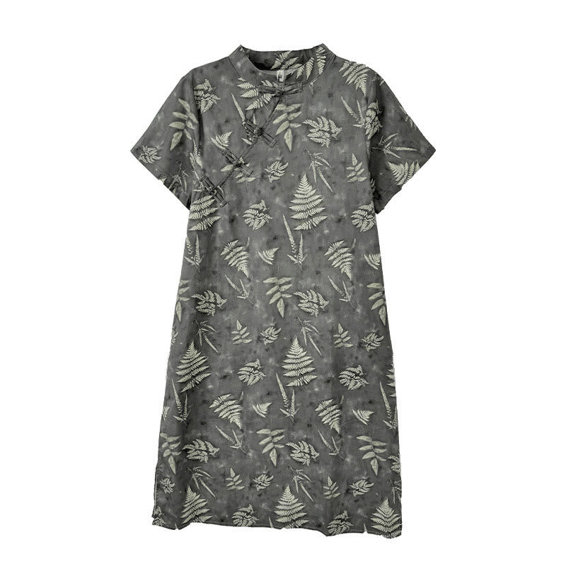 Breathable Cotton Floral Stand Collar Mindful Midi Cheongsam Dress