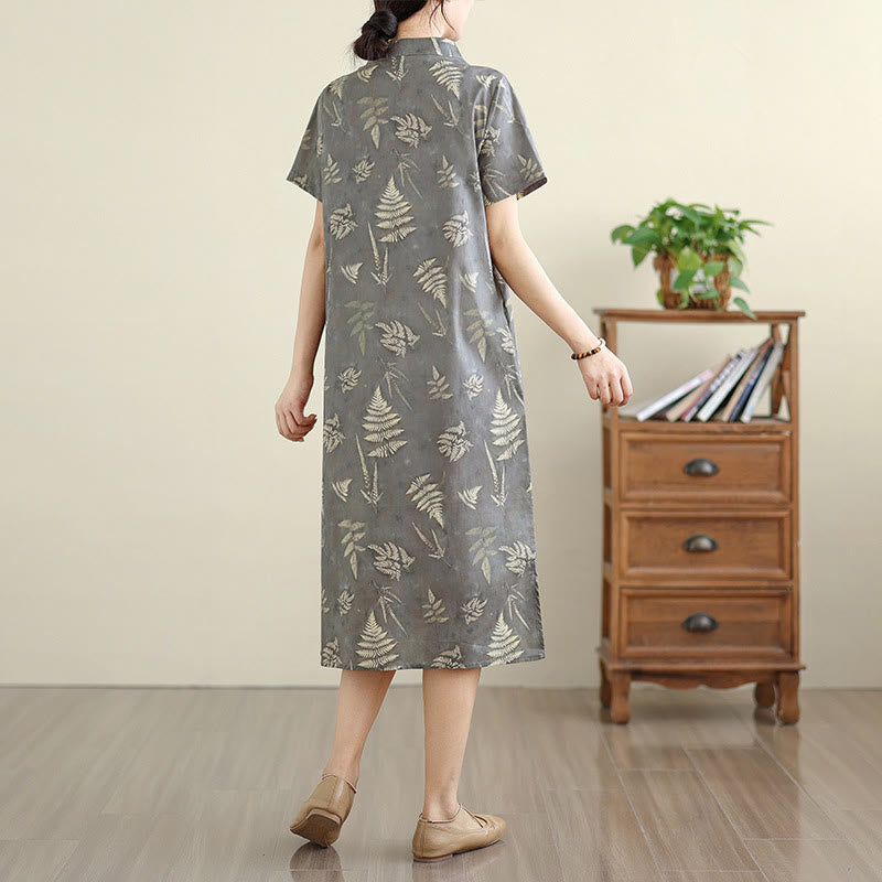 Breathable Cotton Floral Stand Collar Mindful Midi Cheongsam Dress