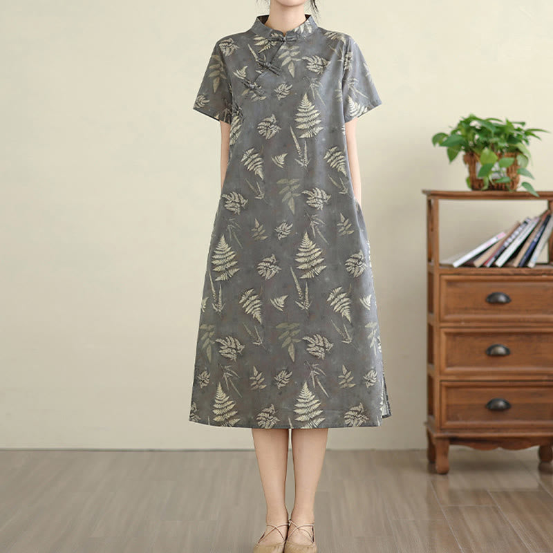 Breathable Cotton Floral Stand Collar Mindful Midi Cheongsam Dress