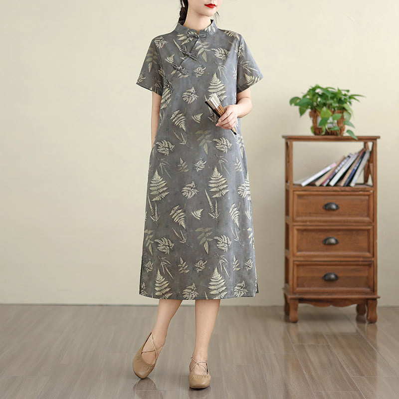 Breathable Cotton Floral Stand Collar Mindful Midi Cheongsam Dress