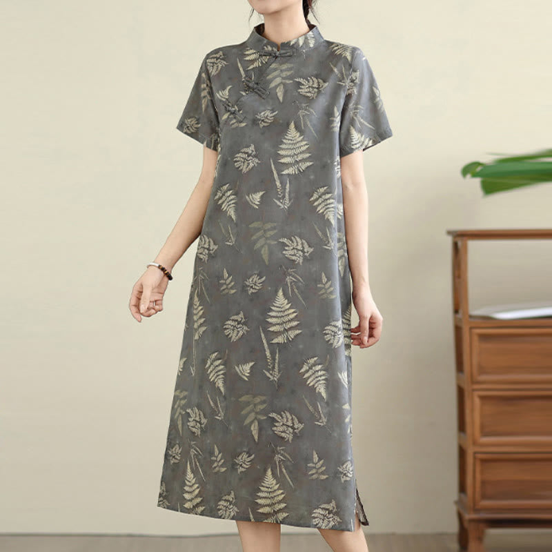 Breathable Cotton Floral Stand Collar Mindful Midi Cheongsam Dress