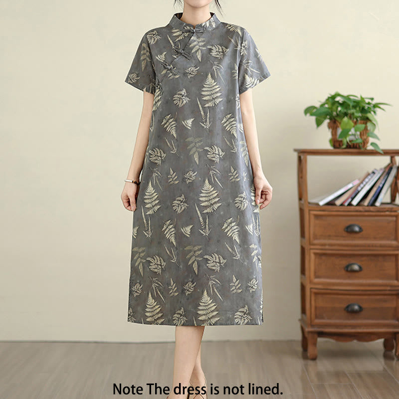 Breathable Cotton Floral Stand Collar Mindful Midi Cheongsam Dress