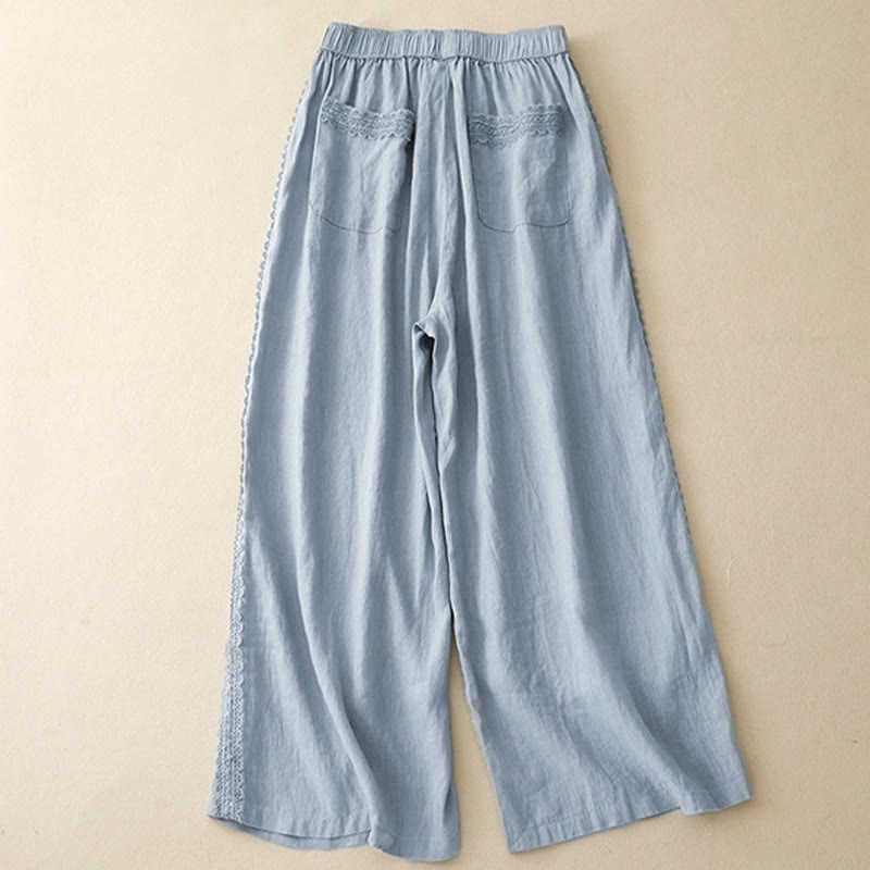 Cotton Linen Wide-Leg Meditation Pants with Lace Details