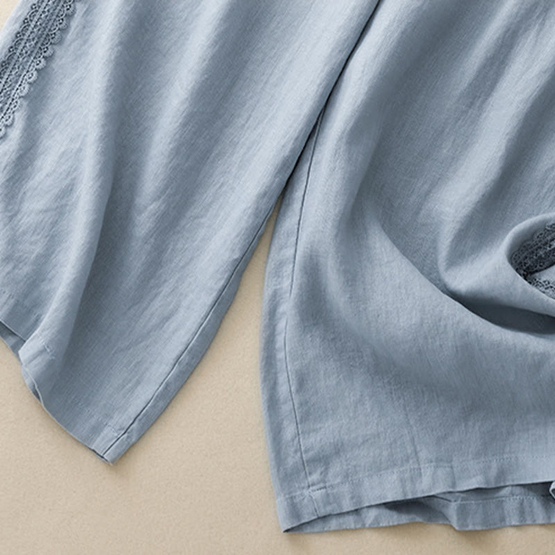 Cotton Linen Wide-Leg Meditation Pants with Lace Details