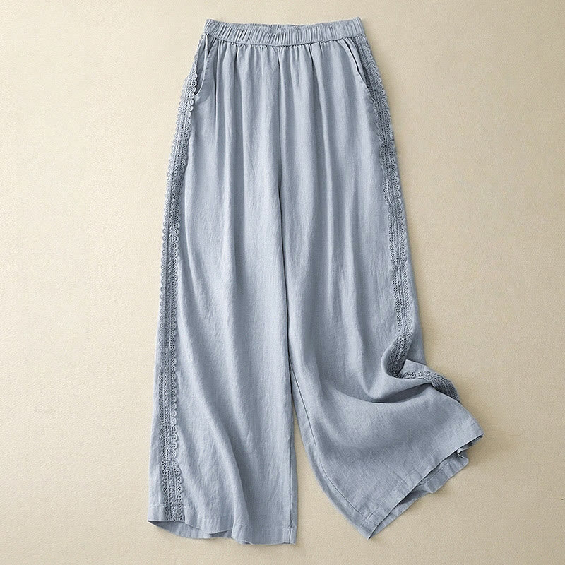 Cotton Linen Wide-Leg Meditation Pants with Lace Details