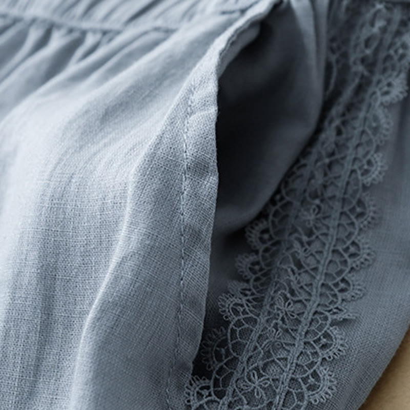 Cotton Linen Wide-Leg Meditation Pants with Lace Details