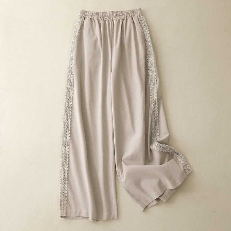 Cotton Linen Wide-Leg Meditation Pants with Lace Details