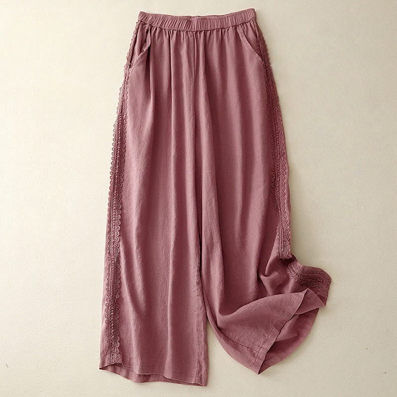 Cotton Linen Wide-Leg Meditation Pants with Lace Details