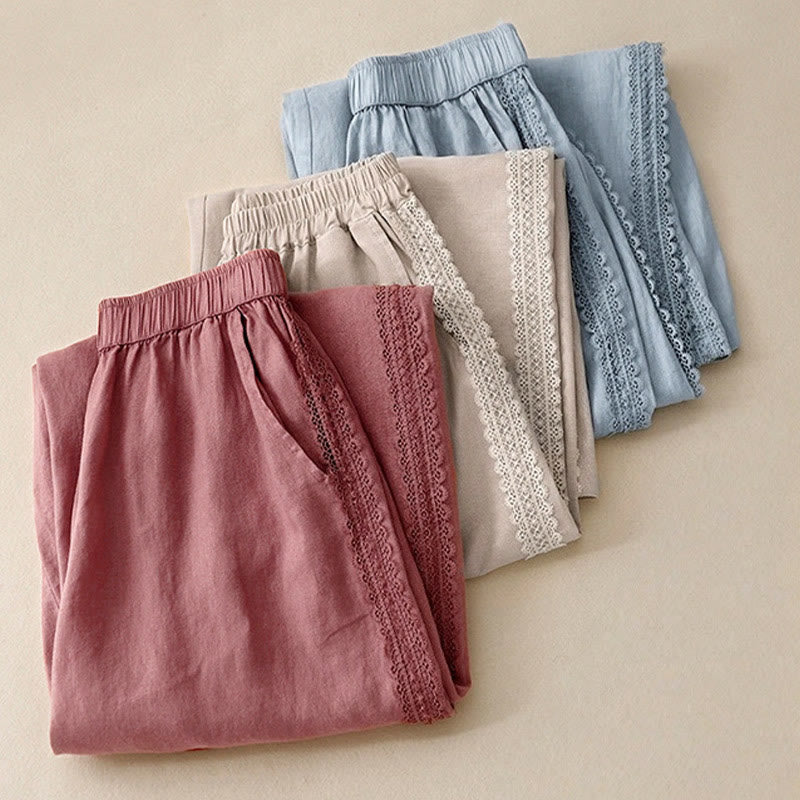 Cotton Linen Wide-Leg Meditation Pants with Lace Details