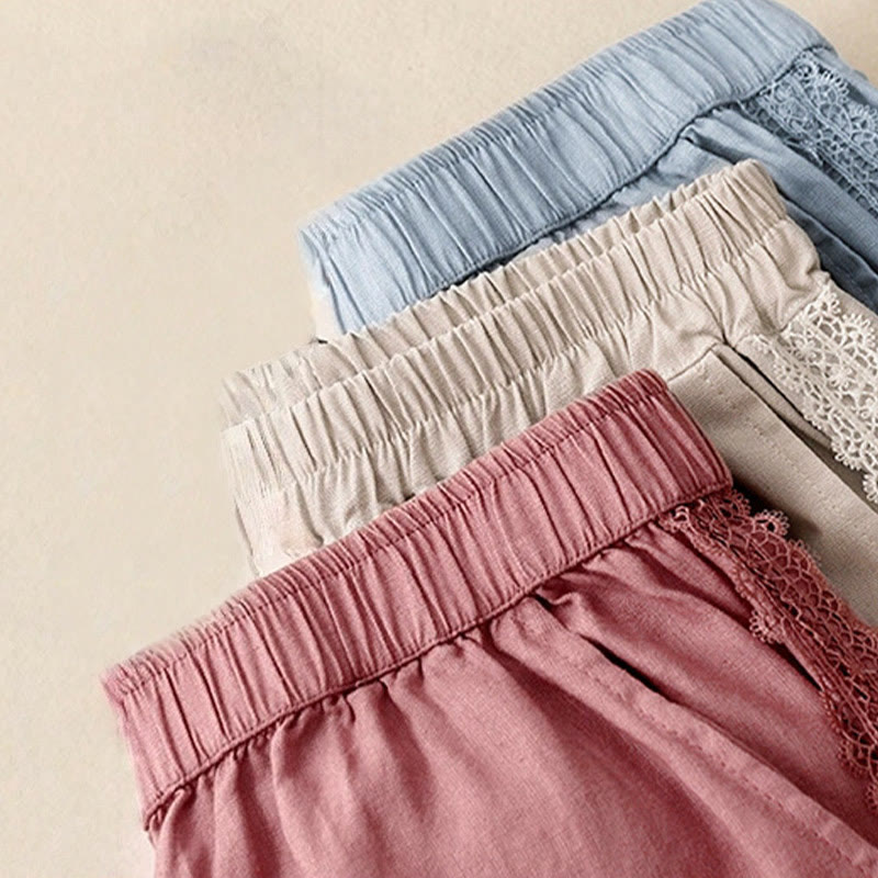 Cotton Linen Wide-Leg Meditation Pants with Lace Details