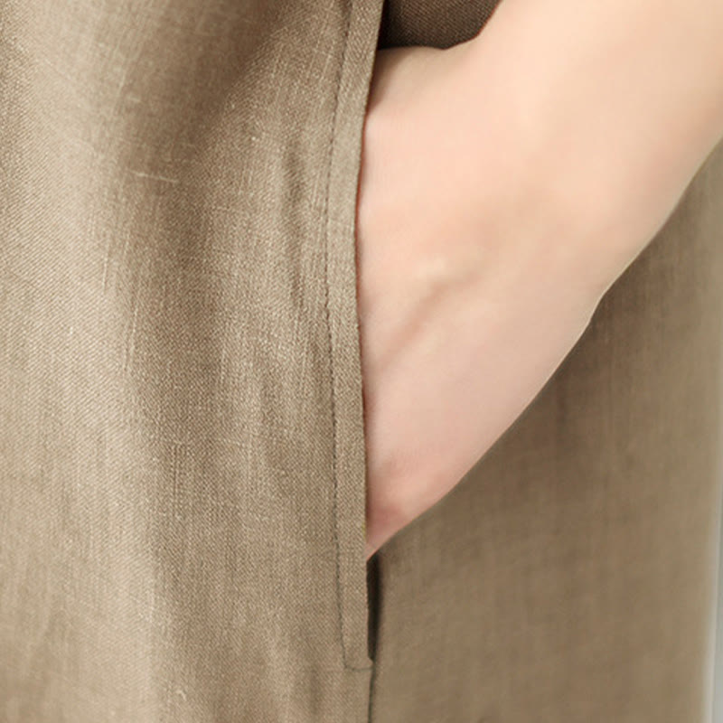 Vintage Embroidery Three Quarter Sleeve Cotton Linen Midi Dress With Pockets