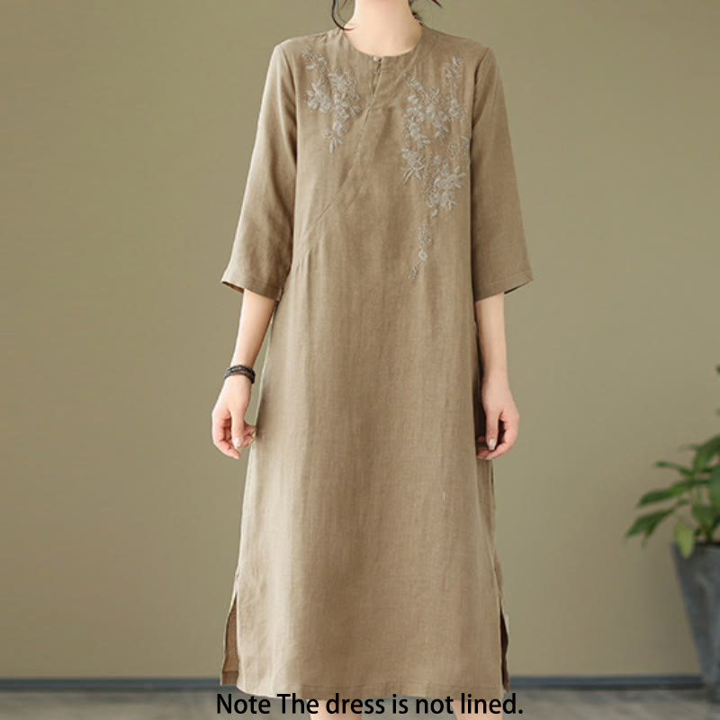 Vintage Embroidery Three Quarter Sleeve Cotton Linen Midi Dress With Pockets