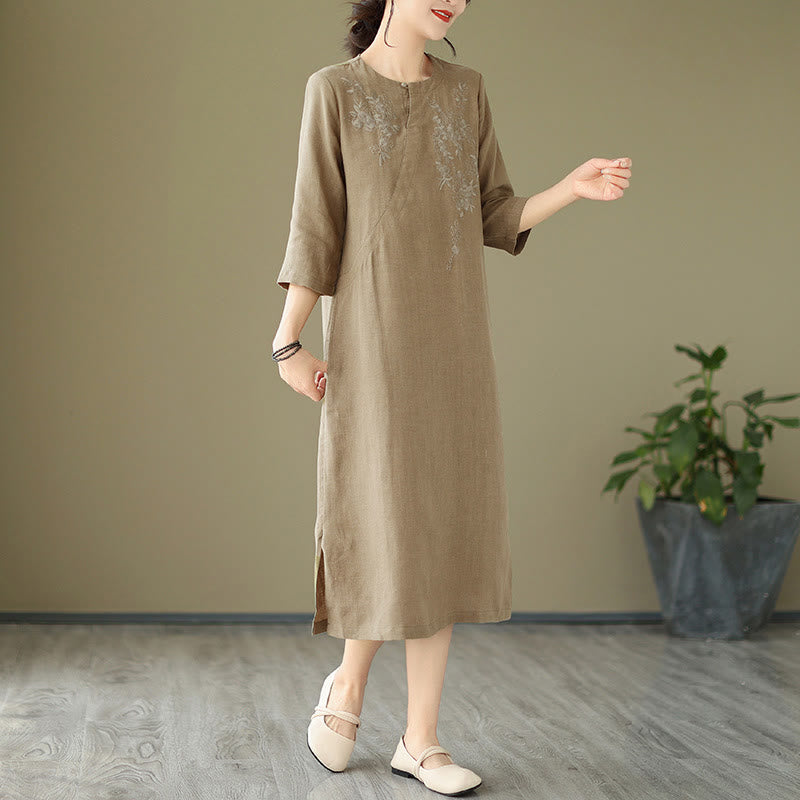 Vintage Embroidery Three Quarter Sleeve Cotton Linen Midi Dress With Pockets
