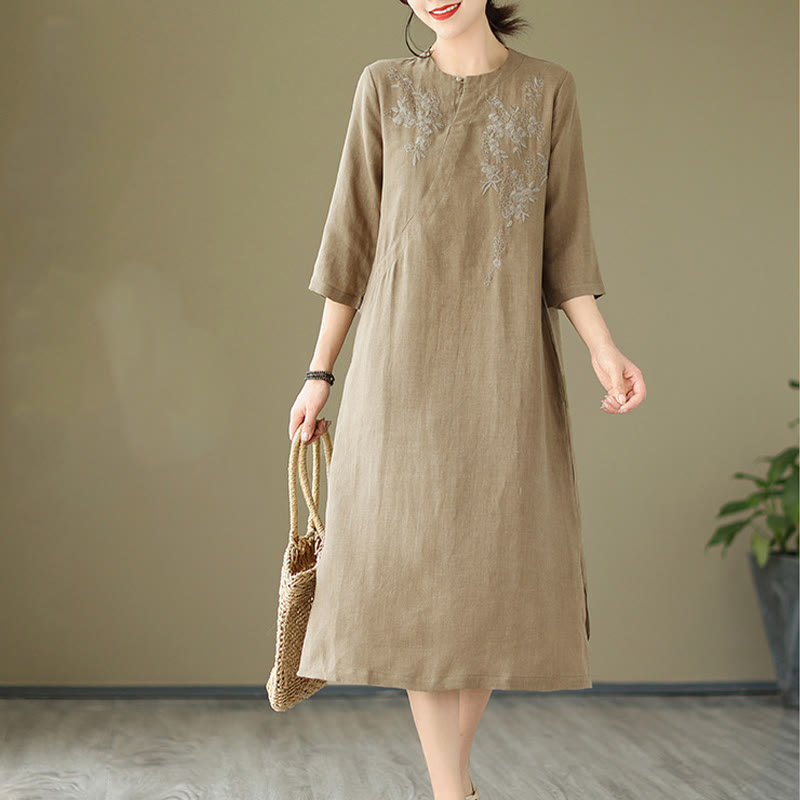Vintage Embroidery Three Quarter Sleeve Cotton Linen Midi Dress With Pockets