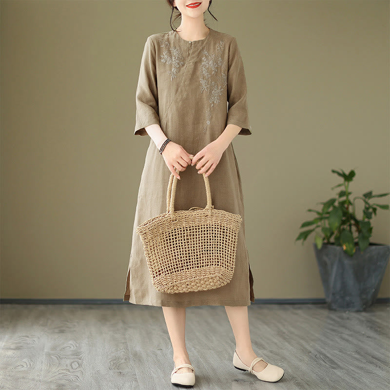 Vintage Embroidery Three Quarter Sleeve Cotton Linen Midi Dress With Pockets