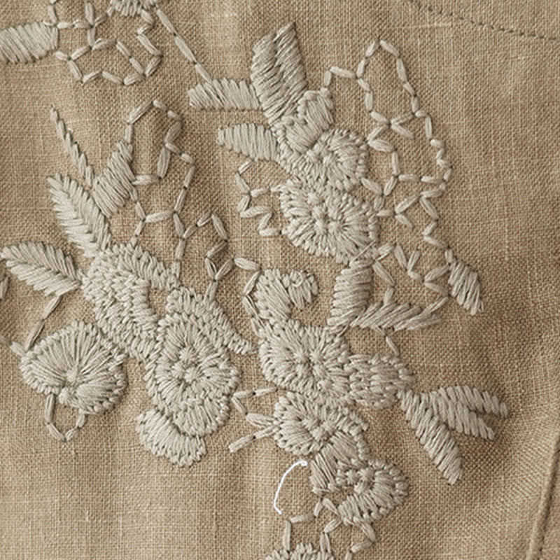 Vintage Embroidery Three Quarter Sleeve Cotton Linen Midi Dress With Pockets