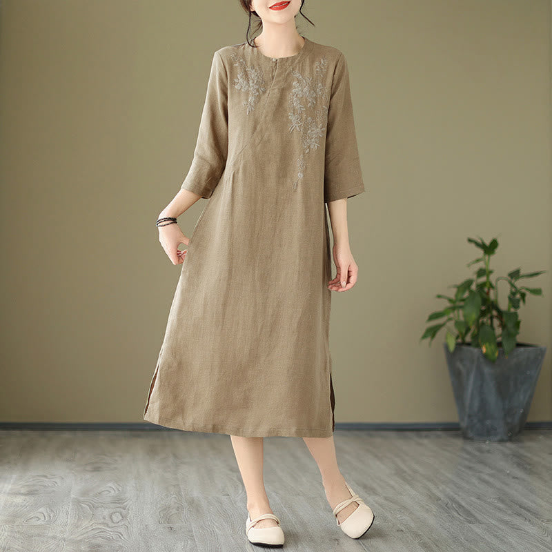 Vintage Embroidery Three Quarter Sleeve Cotton Linen Midi Dress With Pockets