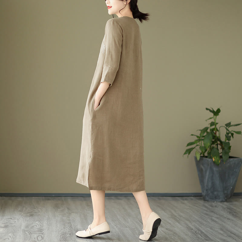 Vintage Embroidery Three Quarter Sleeve Cotton Linen Midi Dress With Pockets