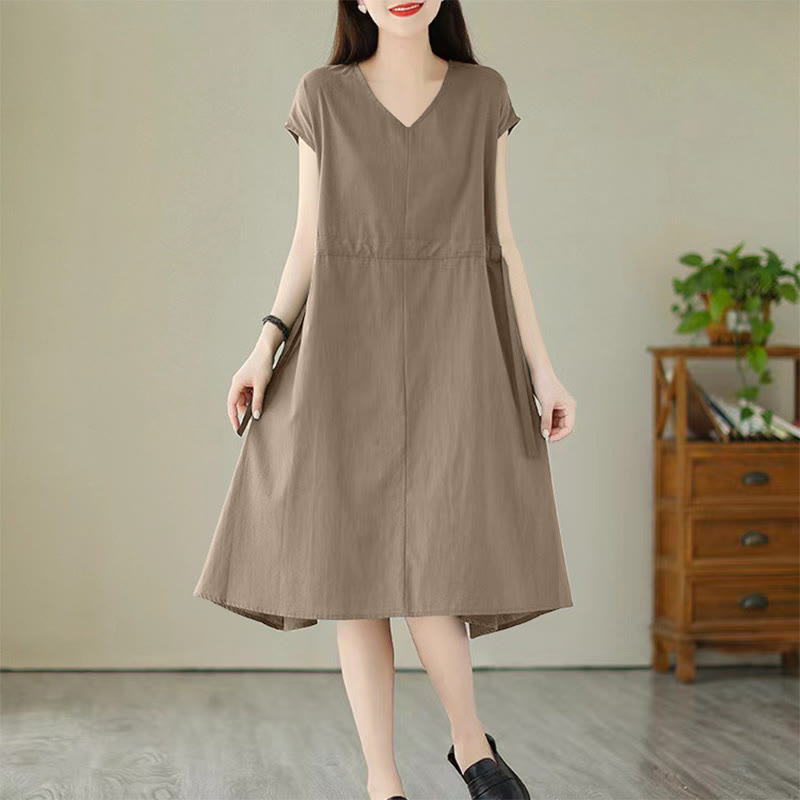 Pure Color Lace-Up Short Sleeve Cotton Linen Midi Dress With Pockets