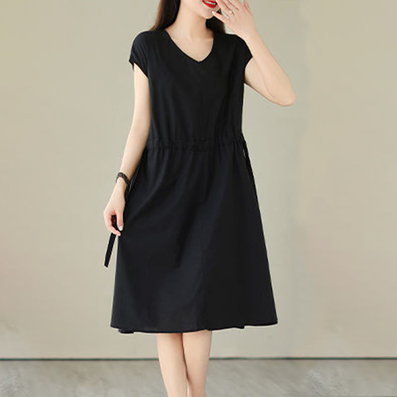 Pure Color Lace-Up Short Sleeve Cotton Linen Midi Dress With Pockets