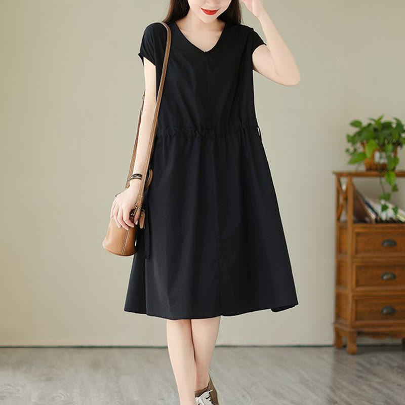Pure Color Lace-Up Short Sleeve Cotton Linen Midi Dress With Pockets