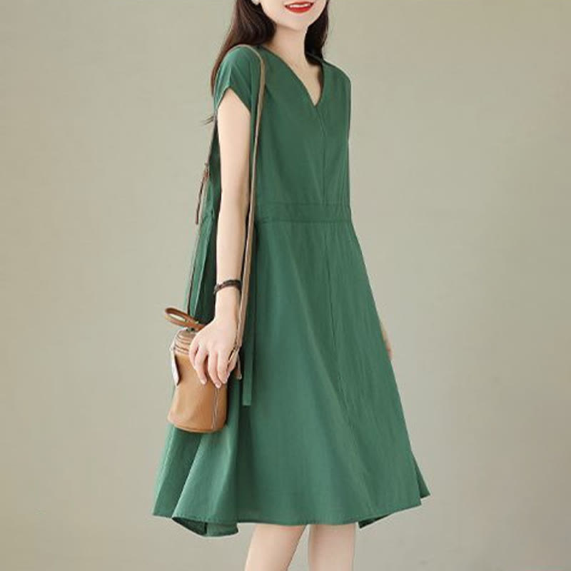 Pure Color Lace-Up Short Sleeve Cotton Linen Midi Dress With Pockets