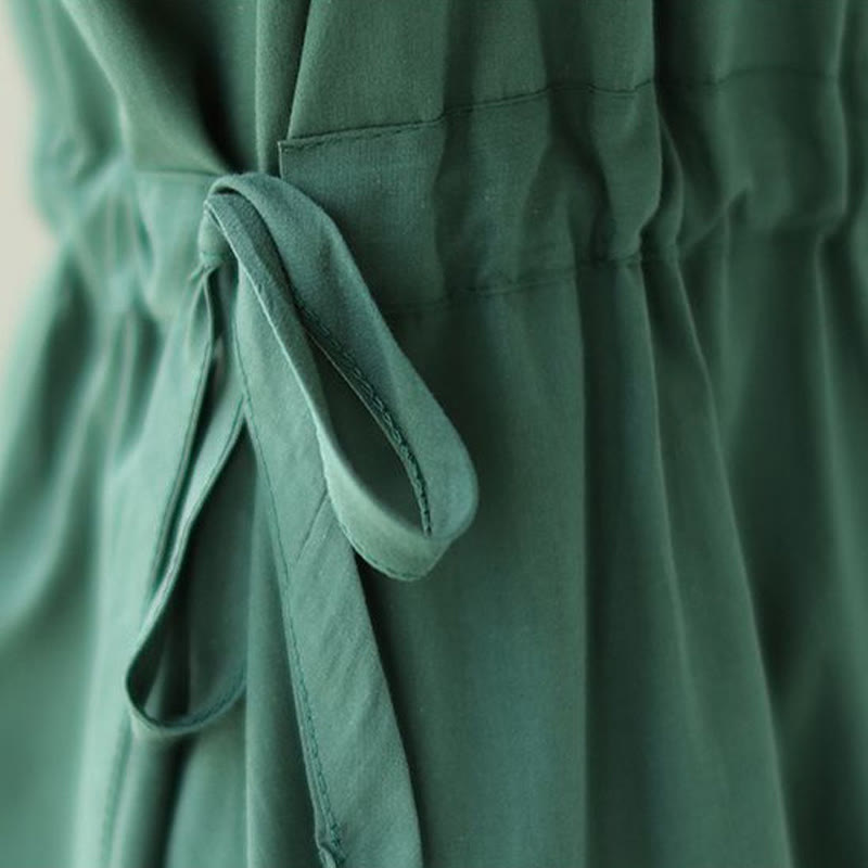 Pure Color Lace-Up Short Sleeve Cotton Linen Midi Dress With Pockets