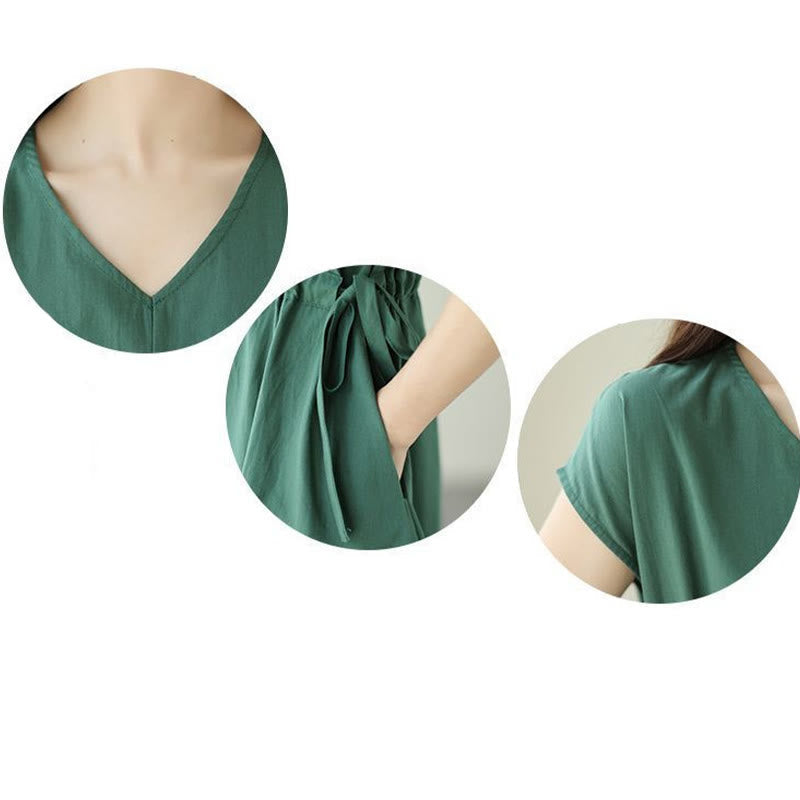Pure Color Lace-Up Short Sleeve Cotton Linen Midi Dress With Pockets