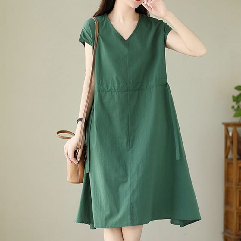 Pure Color Lace-Up Short Sleeve Cotton Linen Midi Dress With Pockets
