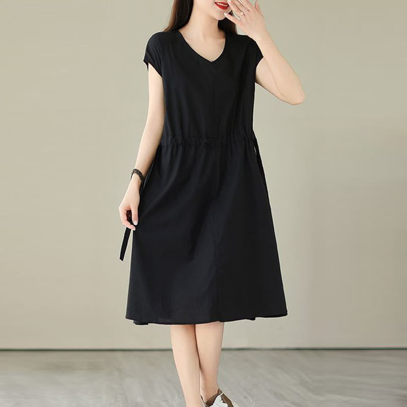 Pure Color Lace-Up Short Sleeve Cotton Linen Midi Dress With Pockets