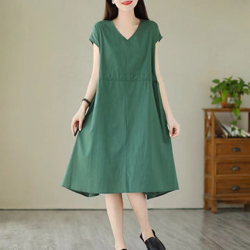 Pure Color Lace-Up Short Sleeve Cotton Linen Midi Dress With Pockets