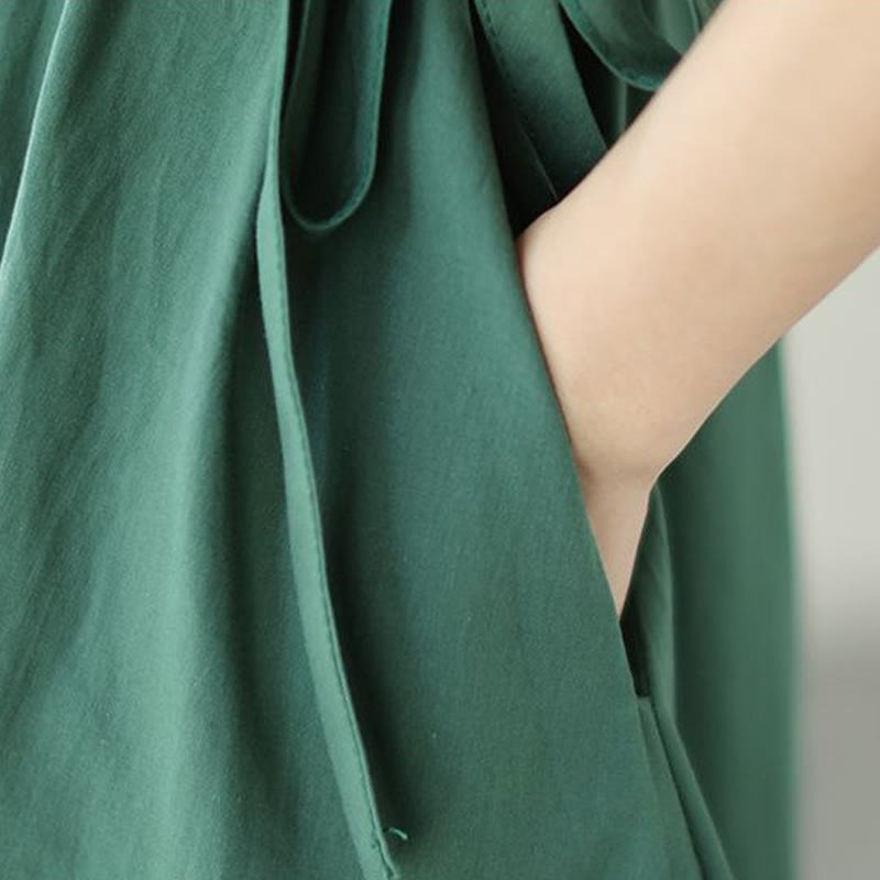 Pure Color Lace-Up Short Sleeve Cotton Linen Midi Dress With Pockets
