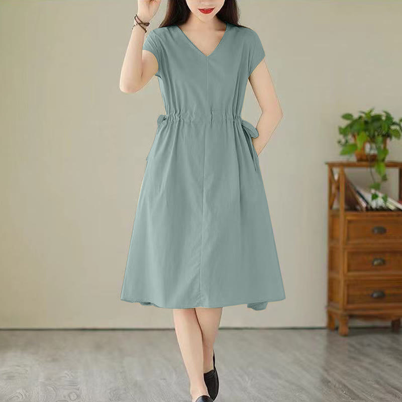Pure Color Lace-Up Short Sleeve Cotton Linen Midi Dress With Pockets