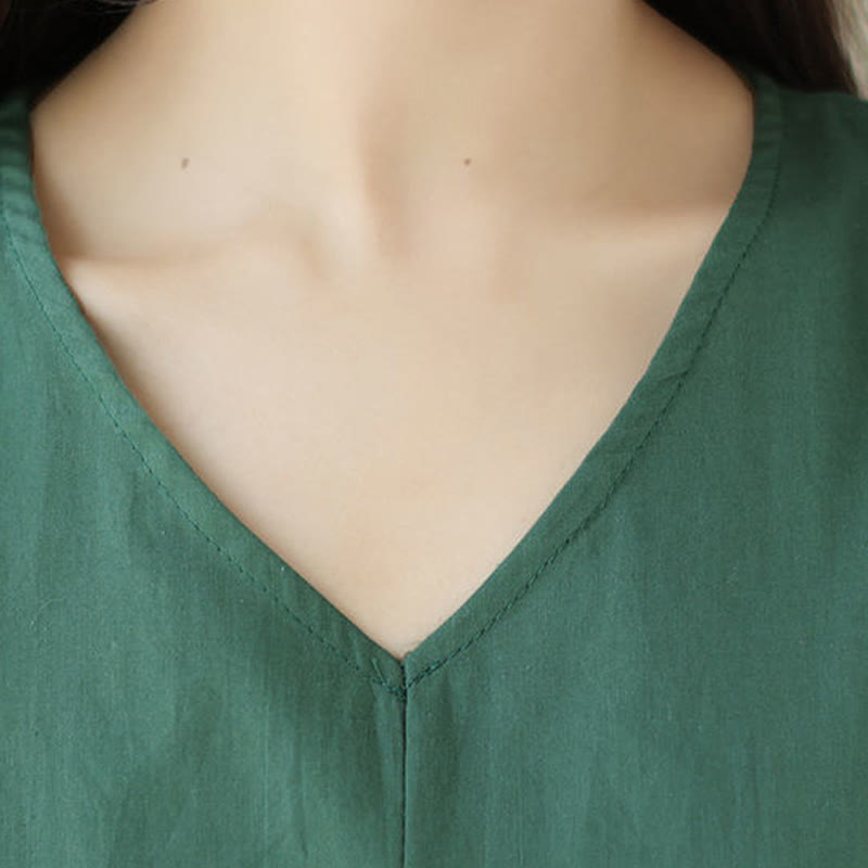 Pure Color Lace-Up Short Sleeve Cotton Linen Midi Dress With Pockets