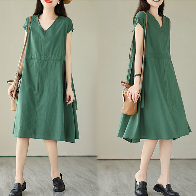 Pure Color Lace-Up Short Sleeve Cotton Linen Midi Dress With Pockets