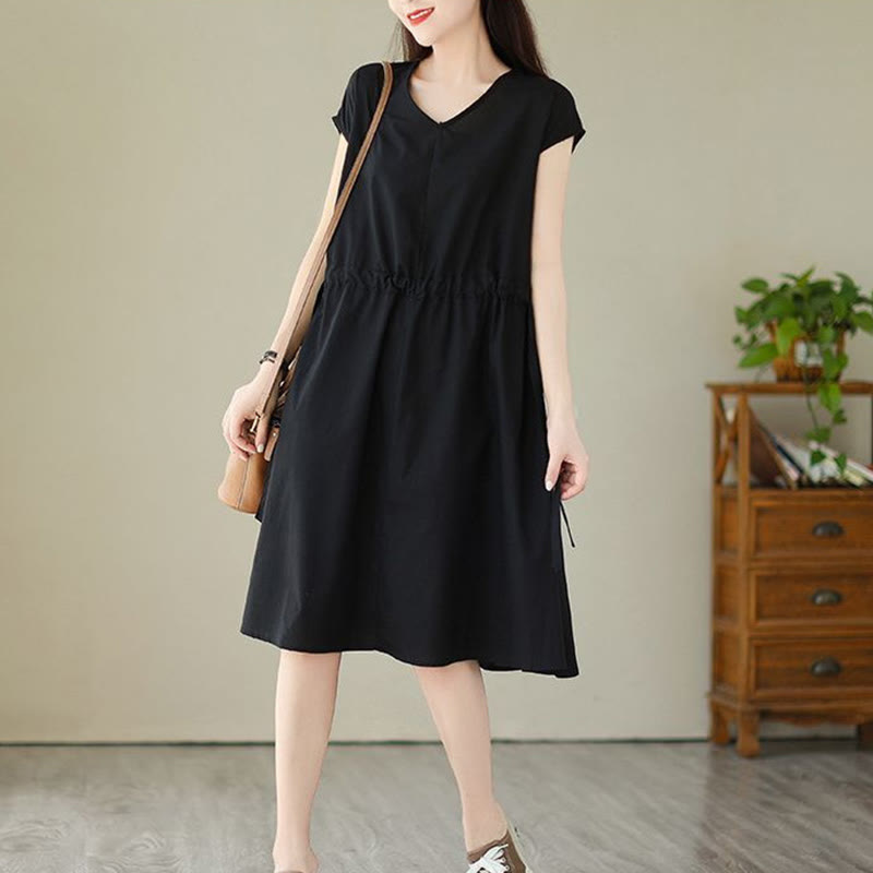 Pure Color Lace-Up Short Sleeve Cotton Linen Midi Dress With Pockets