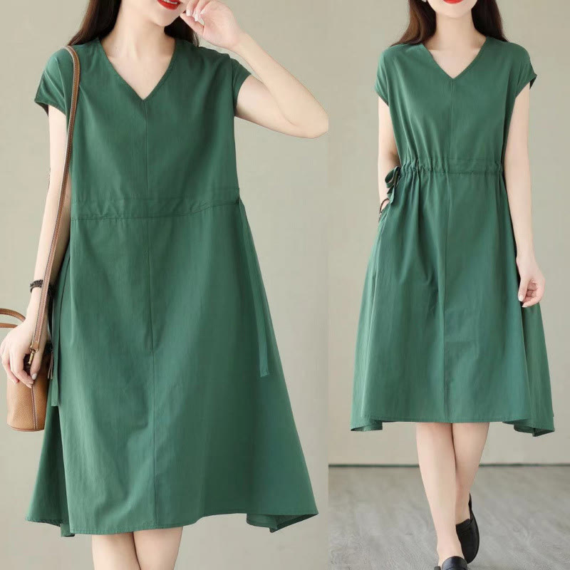 Pure Color Lace-Up Short Sleeve Cotton Linen Midi Dress With Pockets