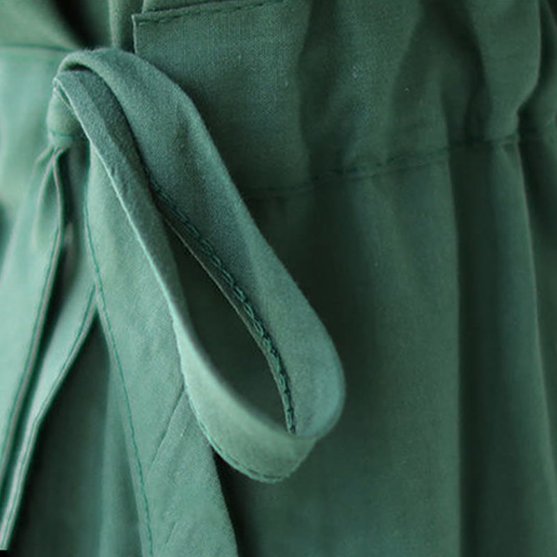 Pure Color Lace-Up Short Sleeve Cotton Linen Midi Dress With Pockets
