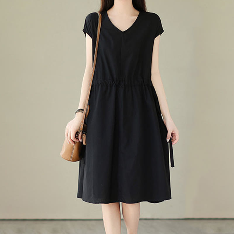 Pure Color Lace-Up Short Sleeve Cotton Linen Midi Dress With Pockets