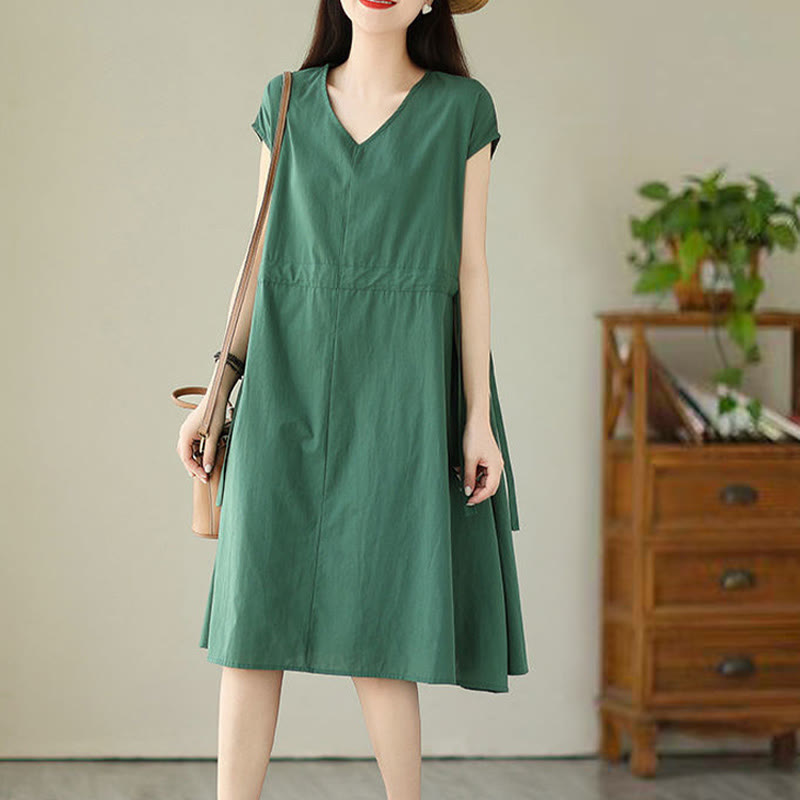 Pure Color Lace-Up Short Sleeve Cotton Linen Midi Dress With Pockets