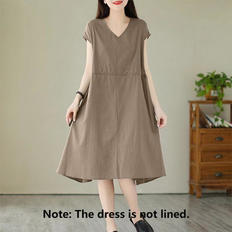 Pure Color Lace-Up Short Sleeve Cotton Linen Midi Dress With Pockets