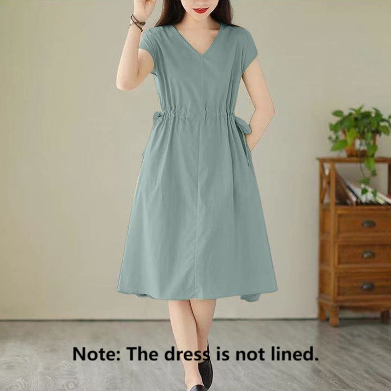 Pure Color Lace-Up Short Sleeve Cotton Linen Midi Dress With Pockets
