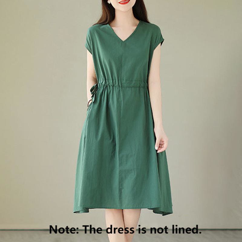 Pure Color Lace-Up Short Sleeve Cotton Linen Midi Dress With Pockets