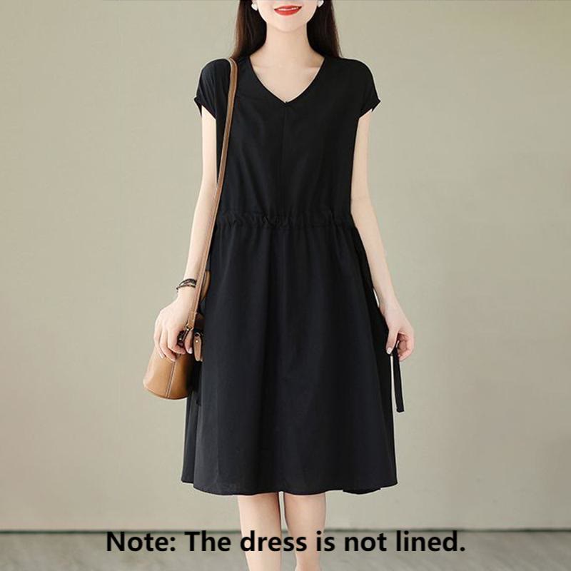 Pure Color Lace-Up Short Sleeve Cotton Linen Midi Dress With Pockets