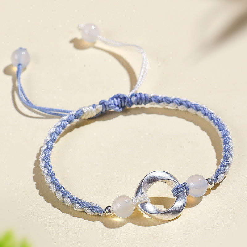 925 Sterling Silver Mobius White Agate Bead Braided String Bracelet